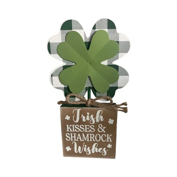 St Patrick’s Day Green White Wood Plaid/Dotted Shamrock Decor Mantel Table Set - Picture 13 of 13
